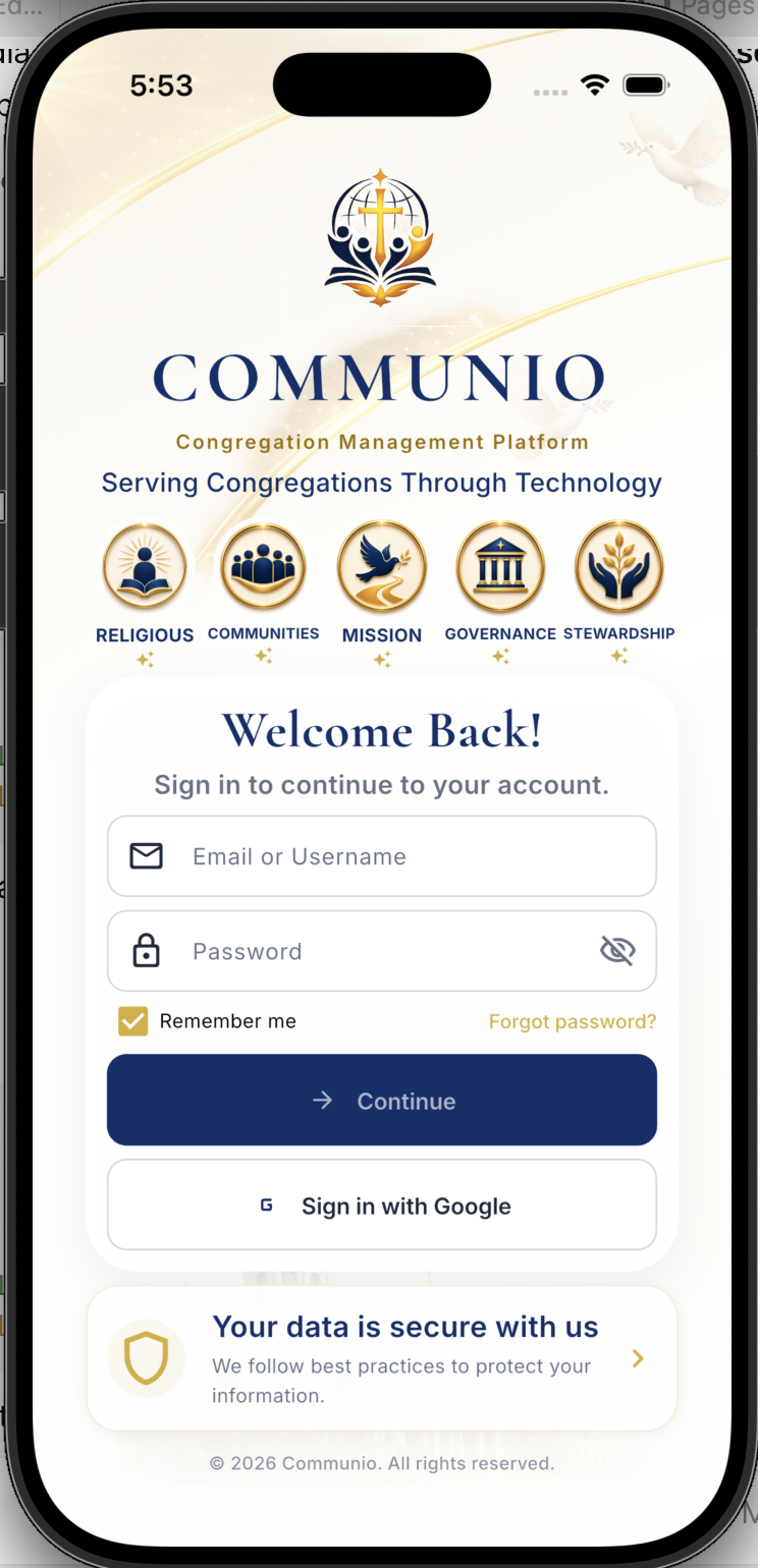 Communio sign in screen
